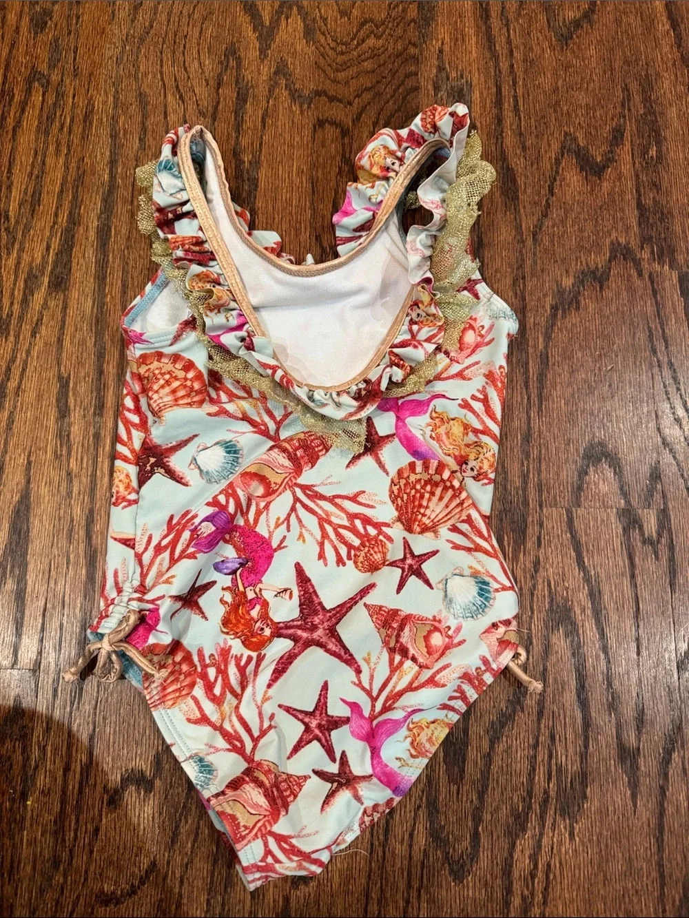 Flapdoodles Coral & Aqua Mermaids Seashells Ruffle One-Piece Swimsuit size 6
